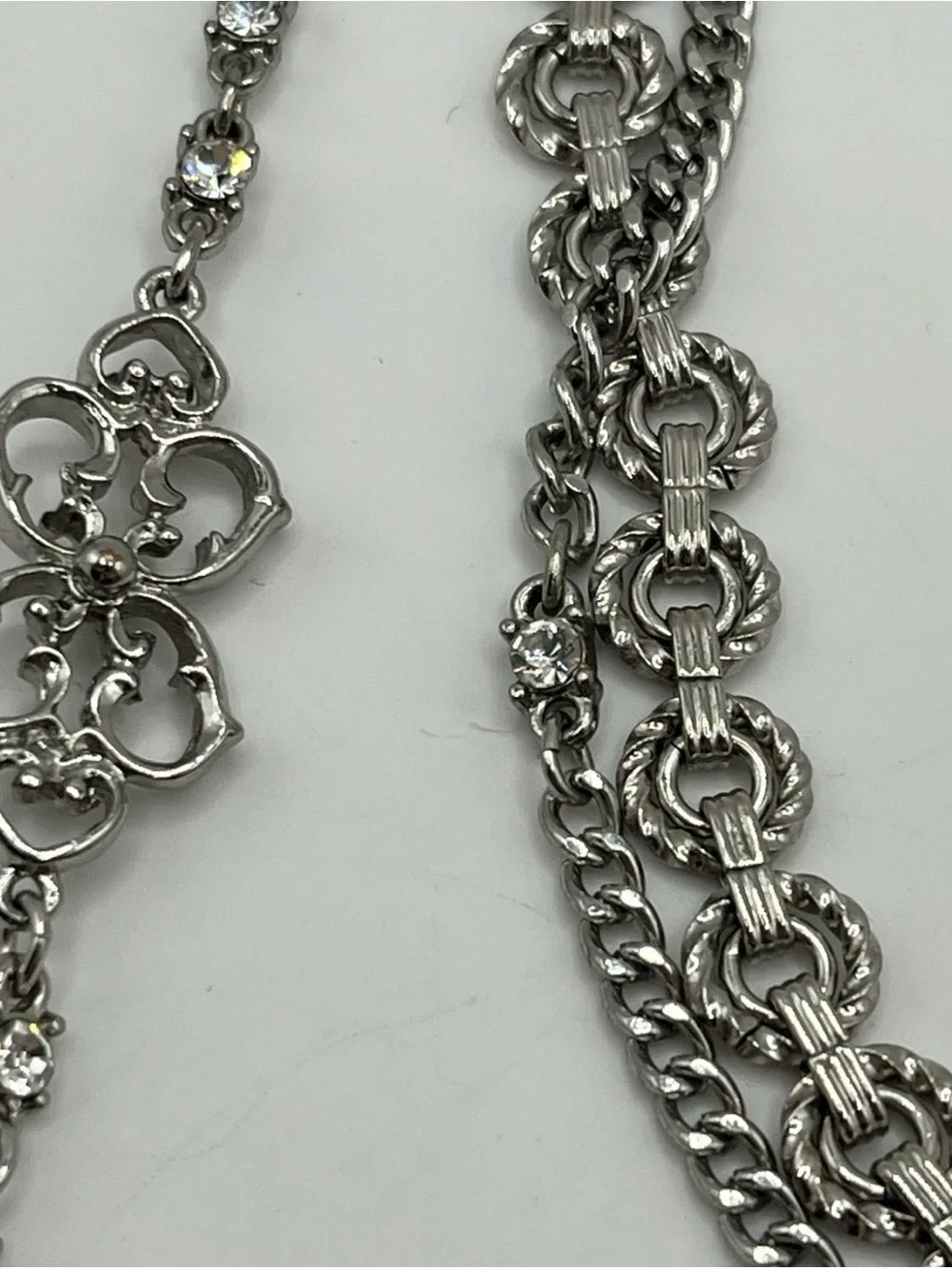 Express Y Drop Rhinestone Layered Statement Silver Tone 16”-20” - Picture 3 of 8
